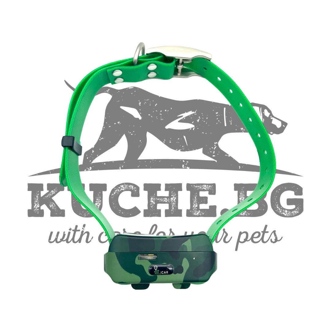 GPS тракер Icar IK122M-2000 4G за кучета с камуфлажна гривна и зелена лента.